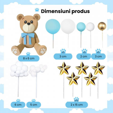 Set 38 Decoratiuni Topper Tort Ursulet Albastru HASEPE, pentru Botez, Baby Shower si Aniversari, Reutilizabile, Spuma si Plastic [1]