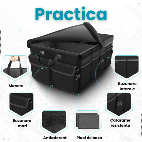 Organizator Portbagaj Auto 60L HASEPE, Pliabil, Multifunctional, Capac Detasabil, Curele Fixare si Baza Antialunecare, 3 Compartimente Mari + Buzunare Laterale, 51x32x37 cm, Negru Oxford [1]