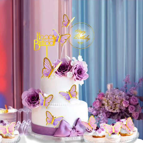 Decoratiuni Tort Happy Birthday Home Sweet Paradise, Set 22 Piese Fluturasi Acrilic si Hartie, Reutilizabile, pentru Aniversari, Baby Shower, Multicolor [4]