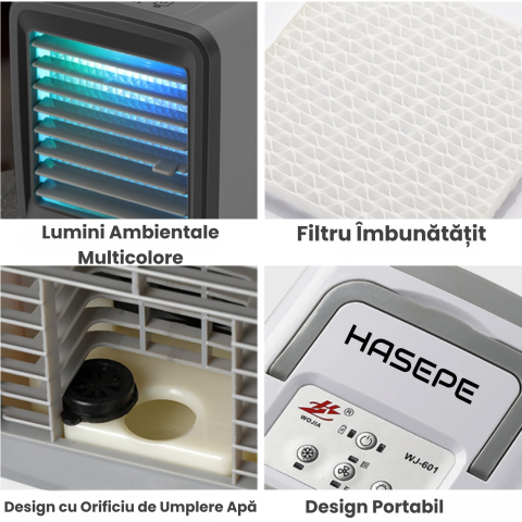 Racitor Ventilator aer portabil HASEPE, Ventilator pulverizare cu Apa, Mini aer USB, Silentios cu 2 viteze 3600 rpm/2700 rpm, Rezervor 200ml, Lumina LED, Buton ON/OFF, Climatizare Personala pentru Bir [5]
