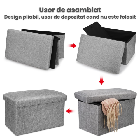 Taburet pliabil cu spatiu de depozitare HASEPE, MDF rezistent, tip otoman, pentru living sau dormitor, gri deschis, 45x30x30 cm [3]