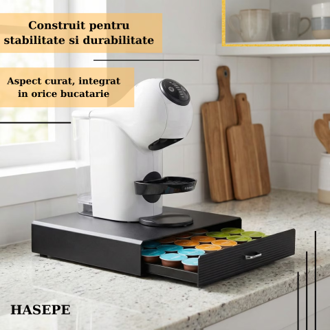 Sertar organizator capsule cafea HASEPE, compatibil capsule DOLCE GUSTOi capsule universale, Multifunctional pentu zahar si accesorii, Suport aparat cafea, Capacitate mare 30 capsule, 40x24x6 cm, Negr [1]