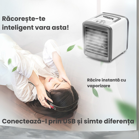 Racitor Ventilator aer portabil HASEPE, Ventilator pulverizare cu Apa, Mini aer USB, Silentios cu 2 viteze 3600 rpm/2700 rpm, Rezervor 200ml, Lumina LED, Buton ON/OFF, Climatizare Personala pentru Bir [7]