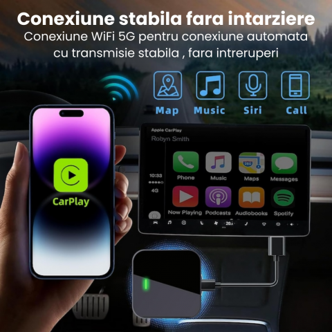 Adaptor Wireless CarPlay HASEPE, Modul CarPlay Slim, Conectare Automata prin USB, WiFi 5.8GHz si Bluetooth 5.0, Compatibil iPhone, Negru Compact [1]