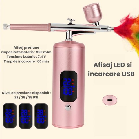 Aerograf cu Dubla Actiune HASEPE, Duza de 0,3 mm, instrumente de curatare, Afisaj LCD, fara fir, 38 PSI, Pentru arta unghiilor, Pictura corporala, Tatuaj semi-permanent, Decorarea torturilor, Masina, [1]
