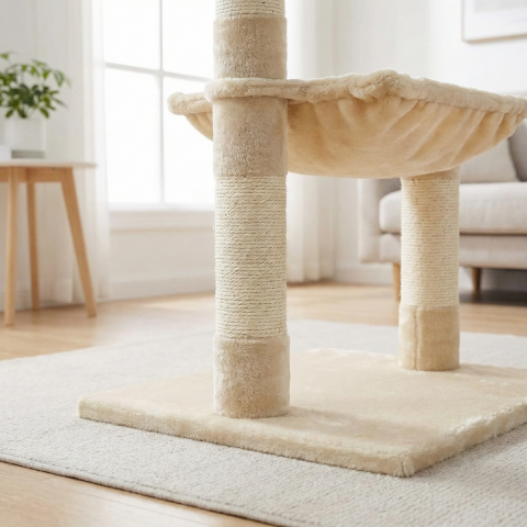 Ansamblu Joaca Pisici HASEPE, Hamac Si Jucarie Minge, Suport Ascutit Unghii Pisica cu 2 Nivele, Stabil, 51x35x70cm, Bej [4]