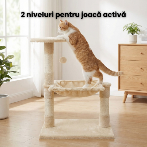 Ansamblu Joaca Pisici HASEPE, Hamac Si Jucarie Minge, Suport Ascutit Unghii Pisica cu 2 Nivele, Stabil, 51x35x70cm, Bej [1]