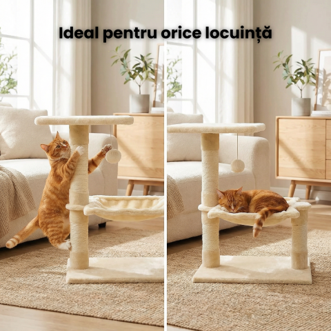 Ansamblu Joaca Pisici HASEPE, Hamac Si Jucarie Minge, Suport Ascutit Unghii Pisica cu 2 Nivele, Stabil, 51x35x70cm, Bej [5]