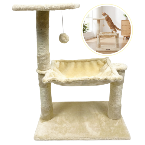 Petshop - Ansamblu Joaca Pisici HASEPE, Hamac Si Jucarie Minge, Suport Ascutit Unghii Pisica cu 2 Nivele, Stabil, 51x35x70cm, Bej