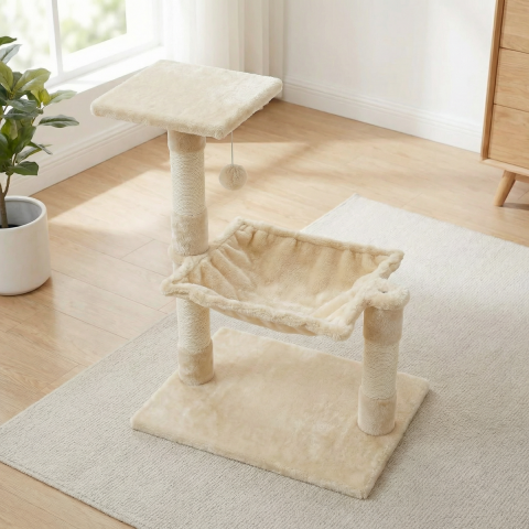 Ansamblu Joaca Pisici HASEPE, Hamac Si Jucarie Minge, Suport Ascutit Unghii Pisica cu 2 Nivele, Stabil, 51x35x70cm, Bej [7]