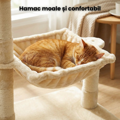 Ansamblu Joaca Pisici HASEPE, Hamac Si Jucarie Minge, Suport Ascutit Unghii Pisica cu 2 Nivele, Stabil, 51x35x70cm, Bej [2]