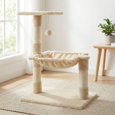Ansamblu Joaca Pisici HASEPE, Hamac Si Jucarie Minge, Suport Ascutit Unghii Pisica cu 2 Nivele, Stabil, 51x35x70cm, Bej [6]