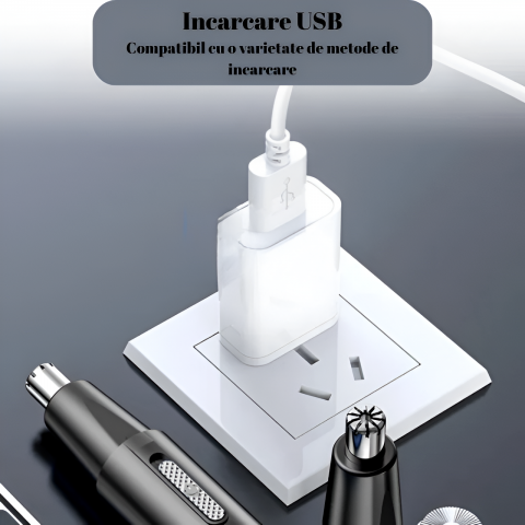 Aparat Tuns Par Nas si Urechi HASEPE, Trimmer Facial Electric USB, Lame Inox, Motor 6000 RPM, Cap Rotativ, Design Compact 15x1cm, Curatare Usoara, Negru [5]