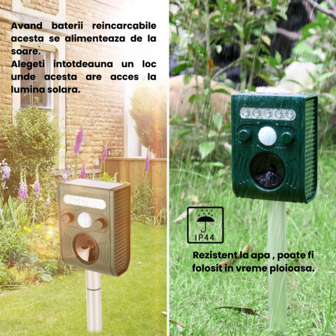 Aparat ultrasunete impotriva animalelor salbatice HASEPE, Anti rozatoare, Anti caini, Cerbi, Pisici, Acumulator reincarcabil solar/USB, 5 moduri lucru, Reglaj intensitate, 5 led-uri stroboscopice, Sen [3]
