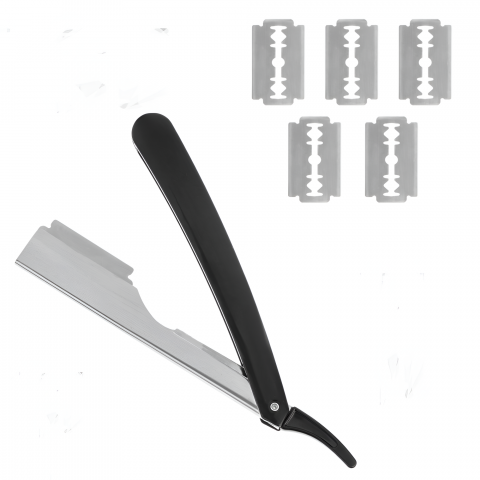 Accesorii tuns si vopsit - Brici Profesional HASEPE pentru Ras si Tuns, 5 Lame Rezerve Incluse, Otel Inoxidabil, Maner Ergonomic, 25 cm, Ideal Frizerie, Styling si Barbierit, Negru