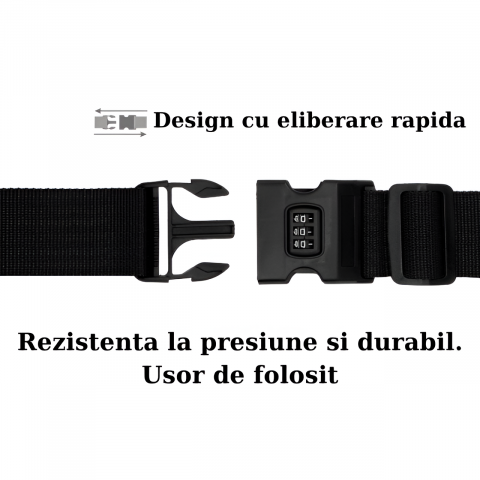 Curea Bagaje cu Combinatie HASEPE, Curea Antifurt Reglabila pentru Valiza, Lacat Cifru 3 Digits, Siguranta Suplimentara, 200x5cm, Nylon Rezistent, Negru [1]