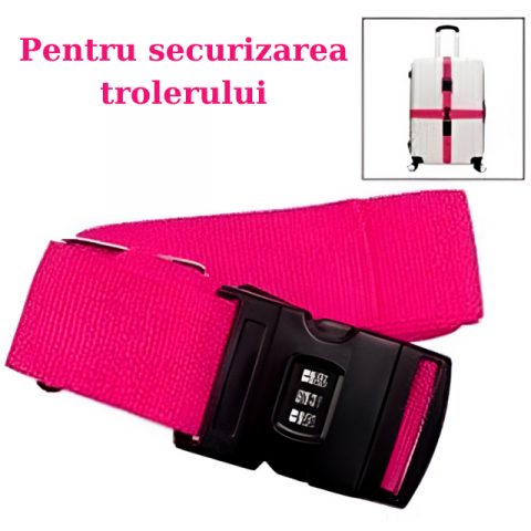 Curea Bagaje cu Combinatie HASEPE, Curea Antifurt Valiza, Lacat Cifru 3 Digits, Curea Reglabila 200x5cm, Nylon Rezistent, Roz [4]