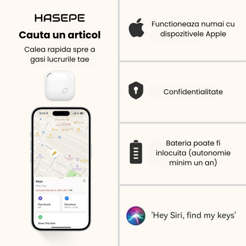 Dispozitiv anti-pierdere HASEPE, Smart Tag cu alarma, compatibil cu iOs Find My, cu localizare in timp real, pentru copii, animale, adulti, GPS, ABS, prin Bluetooth, pentru chei, bagaje, Alb [1]