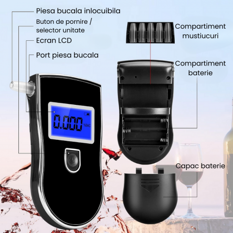 Etilotest Digital HASEPE, Afisaj LCD, Calibrare Automata, Alcoolmetru cu Analiza Rapida, Avertizare Sonora, 5 Mustiucuri Incluse, Portabil, Negru [3]