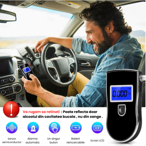 Etilotest Digital HASEPE, Afisaj LCD, Calibrare Automata, Alcoolmetru cu Analiza Rapida, Avertizare Sonora, 5 Mustiucuri Incluse, Portabil, Negru [1]