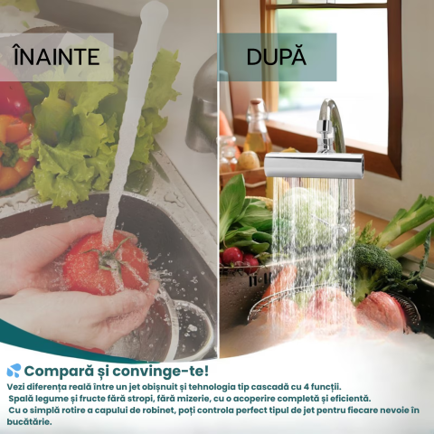 Extensie pentru ROBINET HASEPE, adaptor ROTATIV 360° cu 4 FUNCTII pulverizare si JET REGLABIL, adaptor UNIVERSAL pentru BUCATARIE sau BAIE, extensie baterie pivotanta, economizor APA, accesoriu SANITA [1]