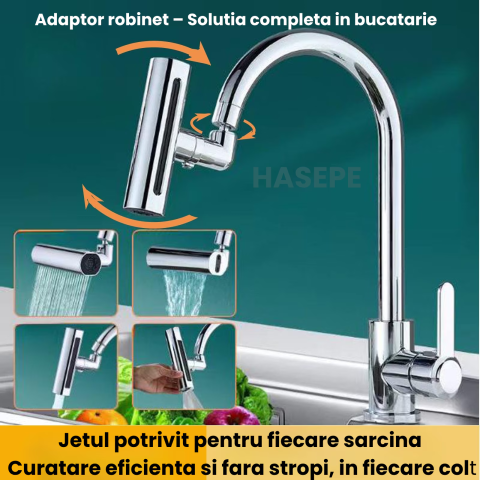 Extensie pentru ROBINET HASEPE, adaptor ROTATIV 360° cu 4 FUNCTII pulverizare si JET REGLABIL, adaptor UNIVERSAL pentru BUCATARIE sau BAIE, extensie baterie pivotanta, economizor APA, accesoriu SANITA [7]