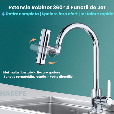 Extensie pentru ROBINET HASEPE, adaptor ROTATIV 360° cu 4 FUNCTII pulverizare si JET REGLABIL, adaptor UNIVERSAL pentru BUCATARIE sau BAIE, extensie baterie pivotanta, economizor APA, accesoriu SANITA [6]