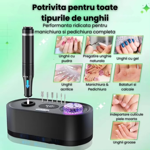 Freza Unghii HASEPE Profesionala 40000 RPM, Pila Electrica Reincarcabila Cu Suport, Freza Electrica Unghii Cu Rotatie Dubla, Capete Detasabile, LCD, Control Viteza, Manichiura Pedichiura, Freza Unghii [3]