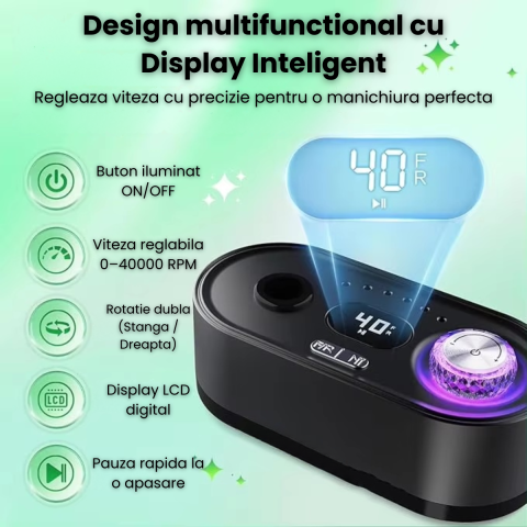 Freza Unghii HASEPE Profesionala 40000 RPM, Pila Electrica Reincarcabila Cu Suport, Freza Electrica Unghii Cu Rotatie Dubla, Capete Detasabile, LCD, Control Viteza, Manichiura Pedichiura, Freza Unghii [5]