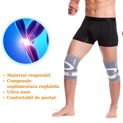 Genunchiera Ajustabila HASEPE, Banda Reglabila cu Stabilizator Medical, Compresie si Suport Genunchi, Material Respirabil, Marime Universala, Pentru Sport, Recuperare, Dureri si Leziuni, Gri/Alb [4]