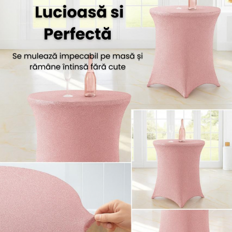 Husa Masa Cocktail Roz HASEPE, Husa Elastica Pentru Evenimente, Fata de Masa Protectie si Decor, Diametru 80 cm, Inaltime 110 cm [2]