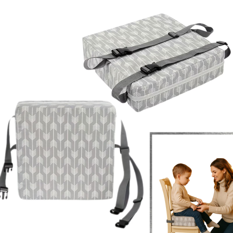 Jucarii, Copii & Bebe - Inaltator pentru scaun copii HASEPE, perna confortabila, Inaltator pentru masa, curele reglabile, husa detasabila, 32x32x8 cm, Gri/alb