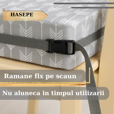 Inaltator pentru scaun copii HASEPE, perna confortabila, Inaltator pentru masa, curele reglabile, husa detasabila, 32x32x8 cm, Gri/alb [7]