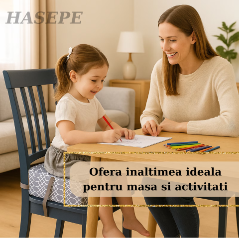 Inaltator pentru scaun copii HASEPE, perna confortabila, Inaltator pentru masa, curele reglabile, husa detasabila, 32x32x8 cm, Gri/alb [1]