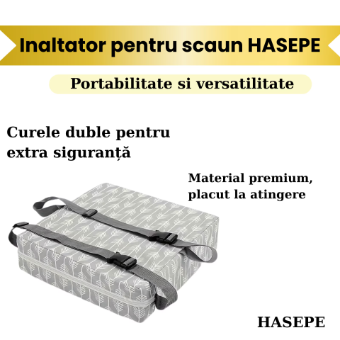 Inaltator pentru scaun copii HASEPE, perna confortabila, Inaltator pentru masa, curele reglabile, husa detasabila, 32x32x8 cm, Gri/alb [9]