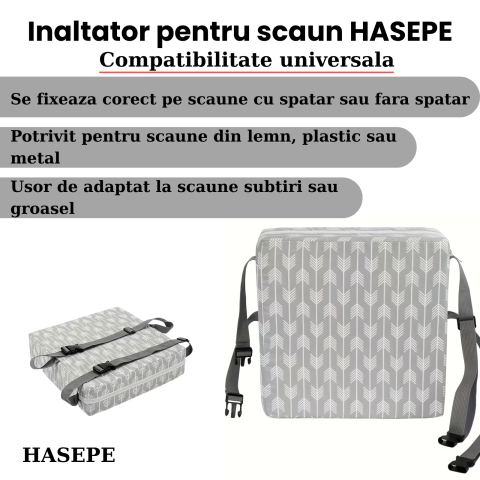 Inaltator pentru scaun copii HASEPE, perna confortabila, Inaltator pentru masa, curele reglabile, husa detasabila, 32x32x8 cm, Gri/alb [8]
