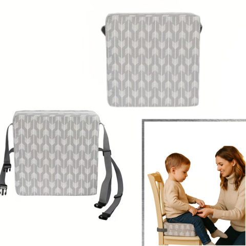 Inaltator pentru scaun copii HASEPE, perna confortabila, Inaltator pentru masa, curele reglabile, husa detasabila, 32x32x8 cm, Gri/alb [11]