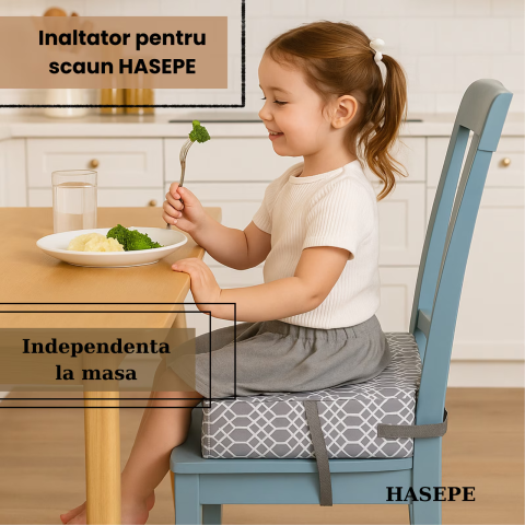 Inaltator pentru scaun copii HASEPE, perna confortabila, Inaltator pentru masa, curele reglabile, husa detasabila, 32x32x8 cm, Gri/alb [2]