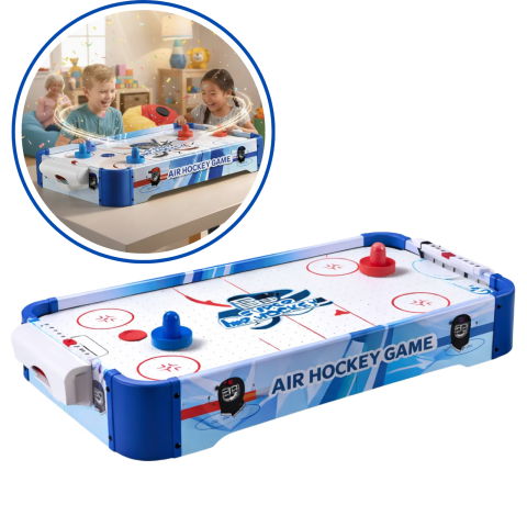 Sport & Travel - Joc de masa Air Hockey pentru copii si familie HASEPE, Portabil cu AirFlow, 2 jucatori, 2 pioni si 2 discuri incluse, Scor mecanic, Dimensiuni 77x37x10 cm, Baterii AA, Albastru