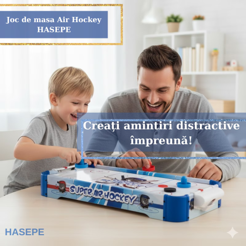 Joc de masa Air Hockey pentru copii si familie HASEPE, Portabil cu AirFlow, 2 jucatori, 2 pioni si 2 discuri incluse, Scor mecanic, Dimensiuni 77x37x10 cm, Baterii AA, Albastru [6]
