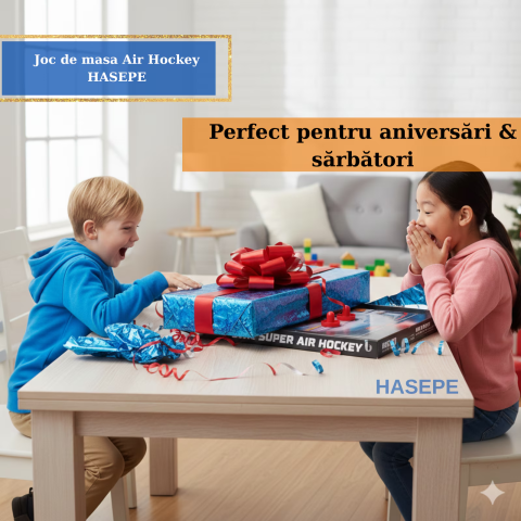 Joc de masa Air Hockey pentru copii si familie HASEPE, Portabil cu AirFlow, 2 jucatori, 2 pioni si 2 discuri incluse, Scor mecanic, Dimensiuni 77x37x10 cm, Baterii AA, Albastru [2]