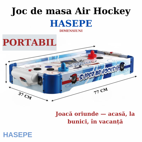 Joc de masa Air Hockey pentru copii si familie HASEPE, Portabil cu AirFlow, 2 jucatori, 2 pioni si 2 discuri incluse, Scor mecanic, Dimensiuni 77x37x10 cm, Baterii AA, Albastru [12]