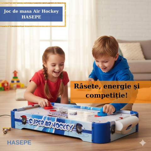 Joc de masa Air Hockey pentru copii si familie HASEPE, Portabil cu AirFlow, 2 jucatori, 2 pioni si 2 discuri incluse, Scor mecanic, Dimensiuni 77x37x10 cm, Baterii AA, Albastru [3]