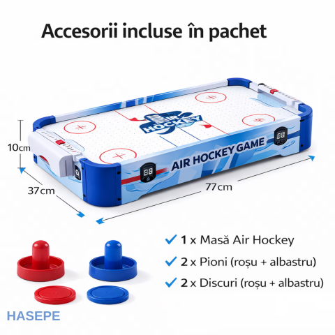 Joc de masa Air Hockey pentru copii si familie HASEPE, Portabil cu AirFlow, 2 jucatori, 2 pioni si 2 discuri incluse, Scor mecanic, Dimensiuni 77x37x10 cm, Baterii AA, Albastru [8]