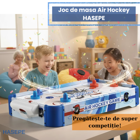 Joc de masa Air Hockey pentru copii si familie HASEPE, Portabil cu AirFlow, 2 jucatori, 2 pioni si 2 discuri incluse, Scor mecanic, Dimensiuni 77x37x10 cm, Baterii AA, Albastru [1]