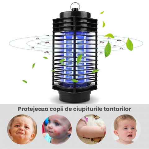 Lampa UV Anti Insecte HASEPE, Aparat Anti Tantari, Muste si Musculite, Capcana Electrica Silentioasa cu Radiatie 360°, Consum Redus, Interior Exterior, Negru, 11x25 cm [6]