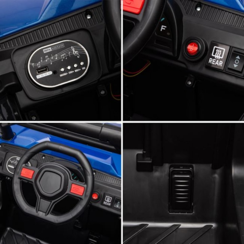 Masina Electrica Copii Off-Road HASEPE, 12V, Tractiune Fata-Spate, Muzica si Claxon, Scaun Confortabil, Varsta 9 Luni-3 Ani, Viteza 3 km/h, 110x65x67 cm, Negru/Albastru [4]