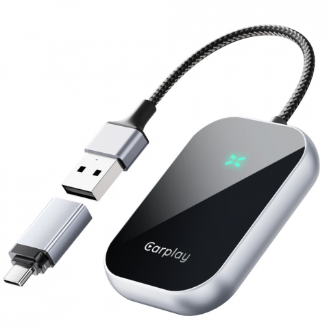 Accesorii electronice auto - Modulator CarPlay Wireless si Android Auto Wireless HASEPE, Adaptor Auto 2 in 1, USB-C si USB normal, Plug & Play, Reconectare Automata, Compatibil iPhone si Android, Consum Redus, Gri