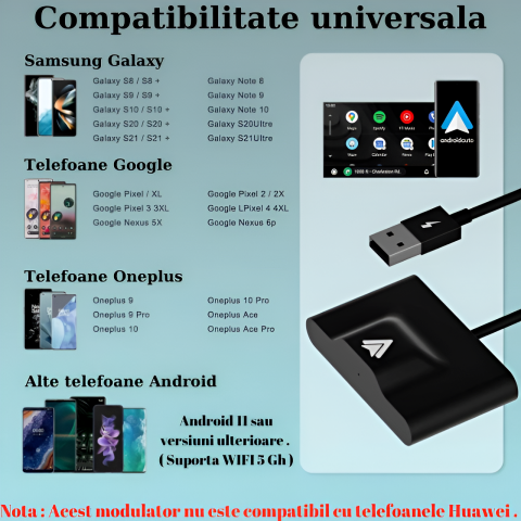 Modulator Android Auto Wireless HASEPE, USB si Type C, Plug & Play, Conectare Automata, Compatibil Android 11+, WiFi 5Ghz, Control Vocal, Compact Negru [2]