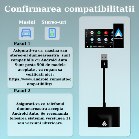 Modulator Android Auto Wireless HASEPE, USB si Type C, Plug & Play, Conectare Automata, Compatibil Android 11+, WiFi 5Ghz, Control Vocal, Compact Negru [6]